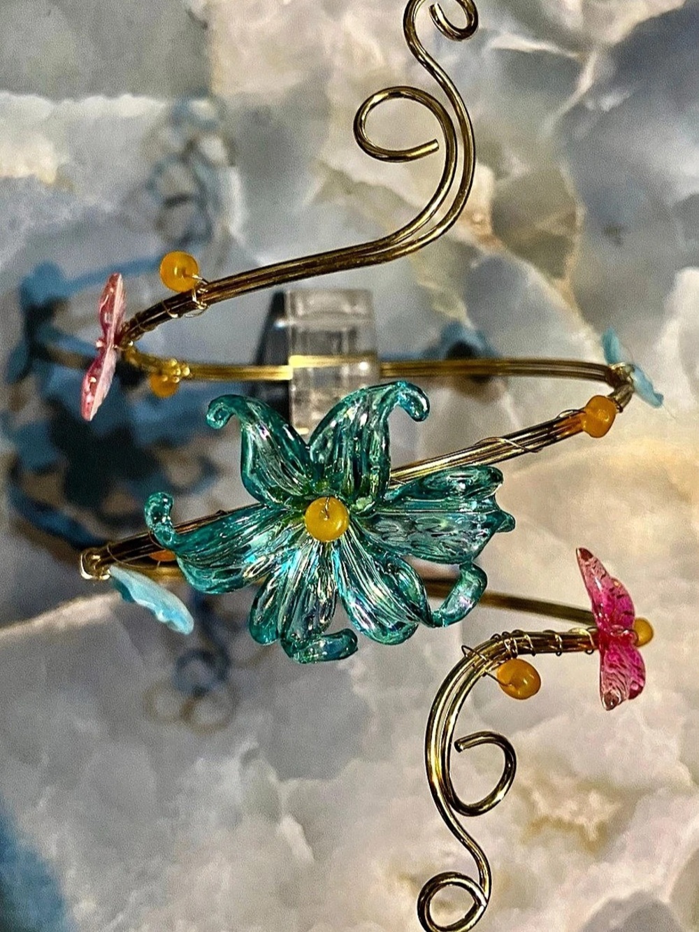Floral Wire Cuff Bracelet in Gold & Blue